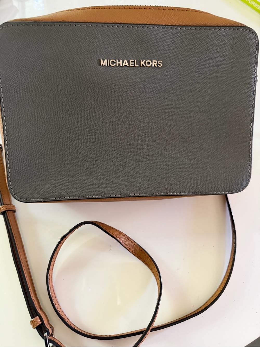 Michael Kors gray and tan crossbody bag